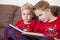 Two boys reading book