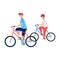 Two boys riding bicycles isolated on white background.