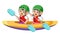 The two boys are rowing the canoe together