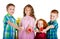 Two boys and two girls hold Easter eggs in straight arms