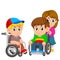 the two boys are using the wheel chair with the girl push it