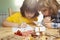 Two Boys write a letter to Santa Claus. Near christmas tree. Merry Christmas and Happy Holidays