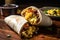 Two breakfast burrito with scrambled eggs cheese and salsa, created by Generative AI