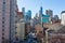 Two Bridges Overhead Street Scene with a view of the Lower Manhattan Skyline in New York City