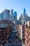 Two Bridges Overhead Street Scene with a view of the Lower Manhattan Skyline in New York City