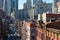 Two Bridges Overhead Street Scene with a view of the Lower Manhattan Skyline in New York City