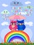 Two bright, cartoon, beautiful owls pink and blue, a girl and a boy with beautiful eyes are sitting under an umbrella on