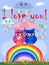 Two bright, cartoon, beautiful owls pink and blue, a girl and a boy with beautiful eyes are sitting under an umbrella on a seven-
