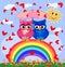 Two bright, cartoon, beautiful owls pink and blue, a girl and a boy with beautiful eyes are sitting under an umbrella on a seven-