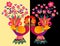 Two bright colorful cockerels - Vases with flowers.