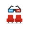 Two bright red cinema armchairs and black 3D glasses. Show time. Business icon. Film industry. Movie theater. Entertainment theme