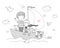 Two brothers are on a boat. Two little boys are playing sailors. Two friends and their toys. Cute cartoon kids and cat, dog and