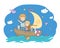 Two brothers are on a boat. Two little boys are playing sailors. Two friends and their toys. Cute cartoon kids and cat, dog and