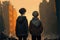 Two brothers braving a post-apocalyptic city, fighting through an ash storm. Fantasy concept , Illustration painting. Generative