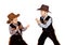 Two brothers in cowboy costumes are simulating fist fight