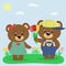 Two brown bears in clothes on a summer glade. A boy gives tulips to a girl.