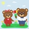 Two brown bears in glasses and clothes in a summer glade. A boy gives tulips to a girl.