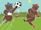 Two brown bears plays football.Cartoon humorous illustrat