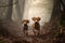 Two brown dogs running on a leaf-covered path in a serene, foggy forest