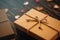 Two brown gift boxes on a wooden background with a bow of a simple rope on wood backgraund