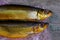 Two brown herring fish lie on cellophane