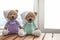 Two Brown stuffed animals teddy bear on wood table. Copy space