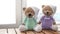 Two Brown stuffed animals teddy bear on wood table. Knitted handmade toys