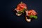Two bruschetta sandwiches with jamon, tomatos, lettuce leaves and green sprouts on black background.