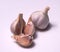 Two bulbs of garlic on a white background.One whole garlic, one broken.