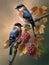 Two bullfinch birds sit on a rowan branch with yellow leaves. AI generated