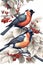 Two Bullfinch Birds Sitting on Rowan Berry Tree in Winter with Berries Under Snow, AI Generative