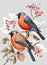 Two Bullfinch Birds Sitting on Rowan Berry Tree in Winter with Berries Under Snow, AI Generative