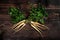 Two bunch of parsley with green leaves crossed, on dark wooden board, view from above