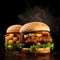 Two burgers, cheeseburgers, chicken burgers, burgers with lettuce, fries, cheese, bacon, pickle, tomato, sauce, onions. Elegantly