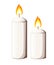 Two burning white wax candle . Glowing in flat style. Vector illustration isolated on white background