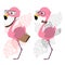 Two business flamingos, one in glasses, a tie and with a case, and another in a butterfly and a scroll of paper