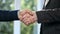 Two business male in suit handshaking making deal success partnership at office closeup