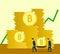 Two business men take a salary on stretcher when bitcoin go up . Career go up. Vector illustration design