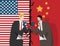 Two business people wearing boxing gloves for fight , flag of USA and China at background. trade war between USA and China concept