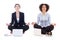 Two business women sitting in yoga pose with laptops isolated on