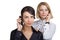 Two business women talking on mobile phone