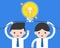 Two Businessman connect lightbulb, business situation about brainstorm and teamwork idea