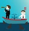 Two Businessman on Leak sinking boat with sharks