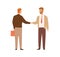 Two businessman shaking hands making deal vector flat illustration. Male boss greeting hiring new employee isolated on