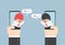 Two businessmen communicate on smartphone with speech bubble