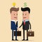 Two businessmen handshake deal trading light bulb idea and money. Vector illustration