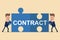 Two businessmen holding puzzle elements with text CONTRACT. Partnership concept. Vector illustration