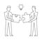 Two businessmen join puzzle linear illustration on white background