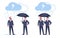 Two businessmen in rain. Success or failure. Office workers standing under umbrella. Rainy cloud. Protection from fails