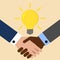 Two businessmen shake hands for a deal, light bulb. Business idea concept. Vector illustration